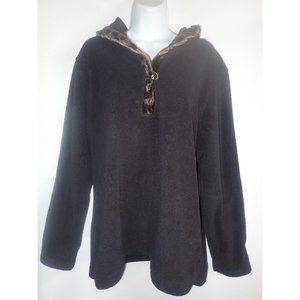 Wooly Bully Fleece pull over Hooded Top Women XL Button Neck Black faux fur trim
